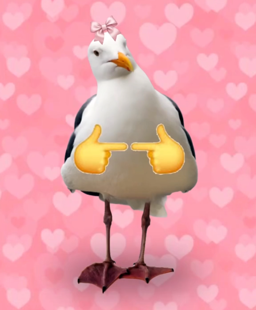 A pink anime-style background with a loud object like a seagull edited to look cute with bows and emoji hands, matching the TikTok “Ruby chan” trend