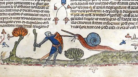Medieval manuscript drawing of a knight fighting a giant snail – one of the most bizarre and recurring visual jokes in medieval art. First meme?