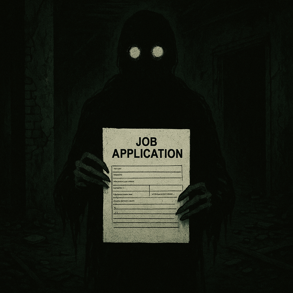 Job application meme: A creepy horror figure holding a job application form – viral TikTok and Instagram trend 2025.