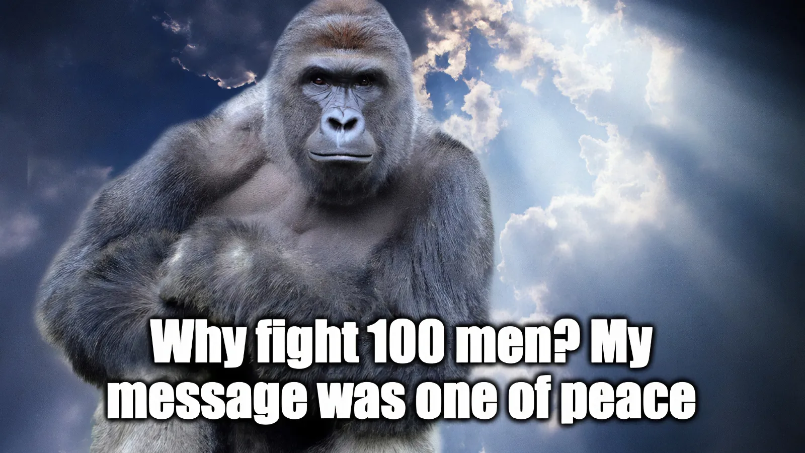 100 men vs gorilla! Illustration depicting the meme-debate scenario: 100 average humans facing off against one muscular silverback gorilla.