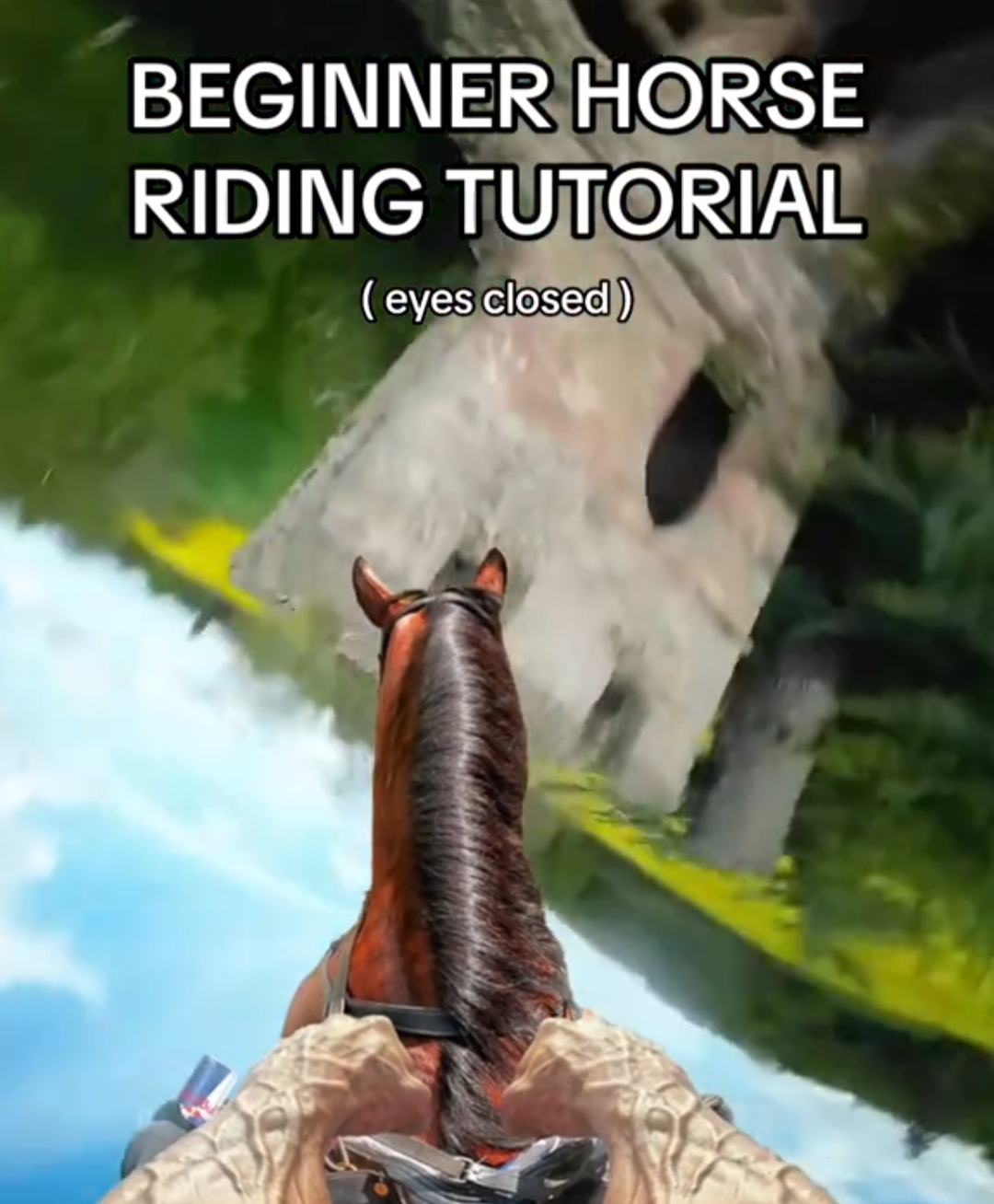 POV scene of a flying horse in a chaotic TikTok drone video, representing the viral Beginner Tutorial Meme and Drone Tutorial Meme trend with the caption "Beginner Horse Riding Tutorial (eyes closed)"