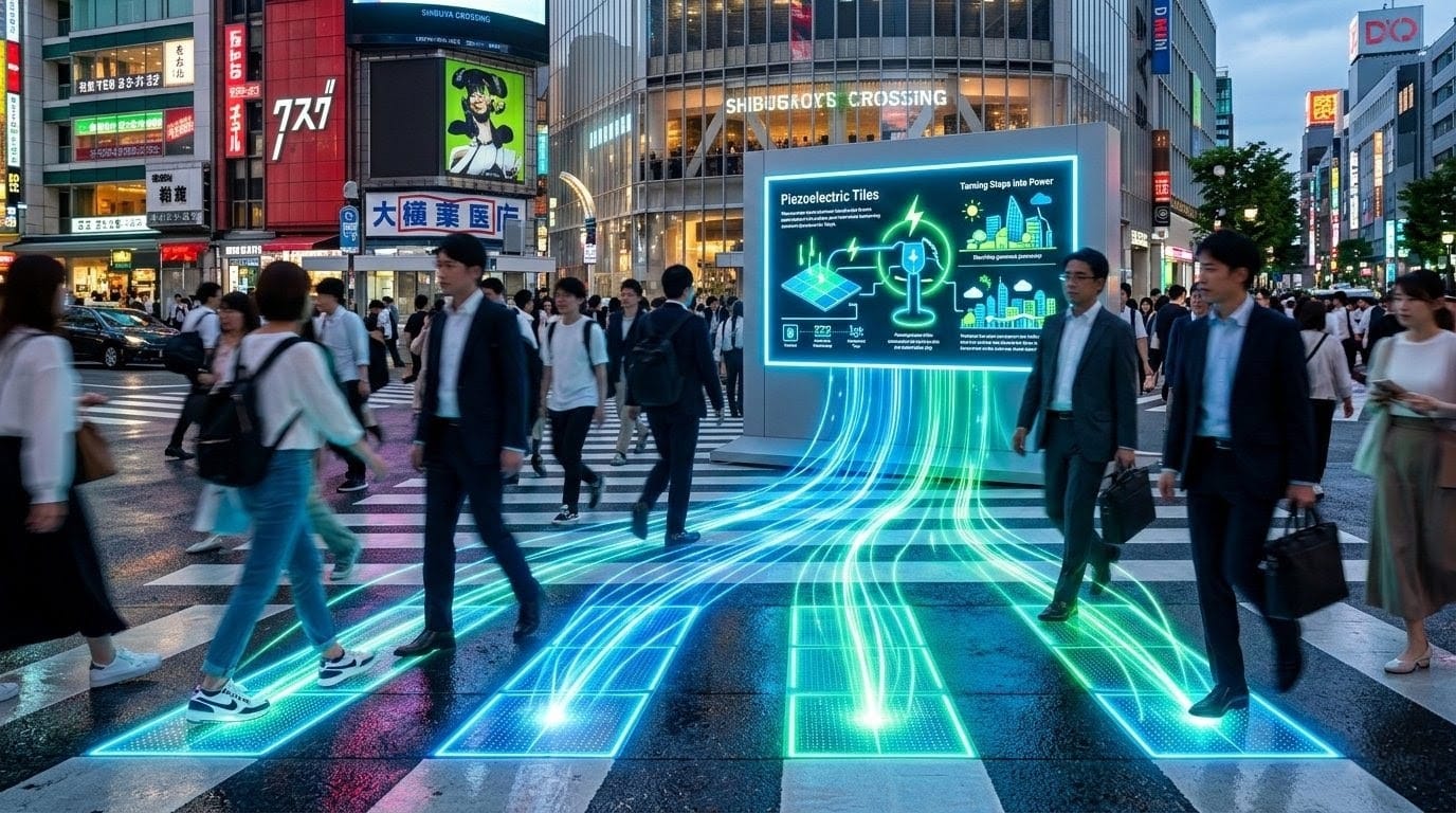 Close up of vibrant blue glowing floor tiles activating with pedestrian footsteps on a busy Tokyo street at night.