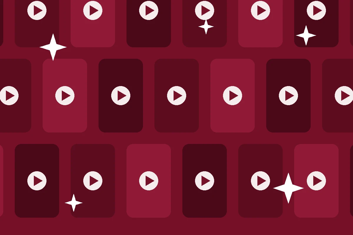 Illustration of rows of short-video tiles with play buttons and sparkle stars, the symbol for AI, on a dark red background