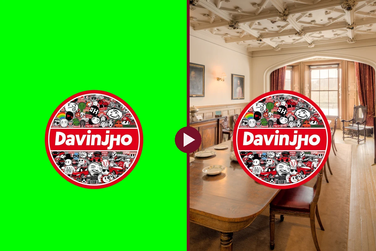 Before and after: the Davinjho logo on a bright green screen on the left, the same logo keyed into a fancy dining room on the right