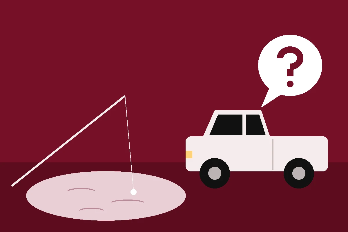 Illustration of a white pickup truck next to a fishing pond with a fishing rod in the water and a big question mark speech bubble above the truck