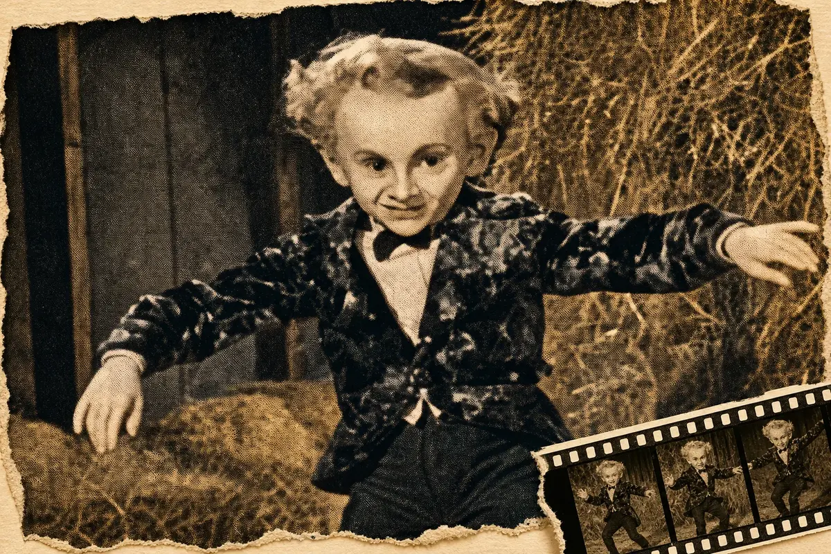 Vintage-style collage of the AI Rumpelstiltskin gnome dancing in a hay barn, with a film strip of his tip-toe dance